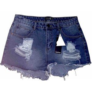Boohoo Blue Mandy Mid Rise Frayed Hem  Ripped Denim Hot pants US 10 New With Tag